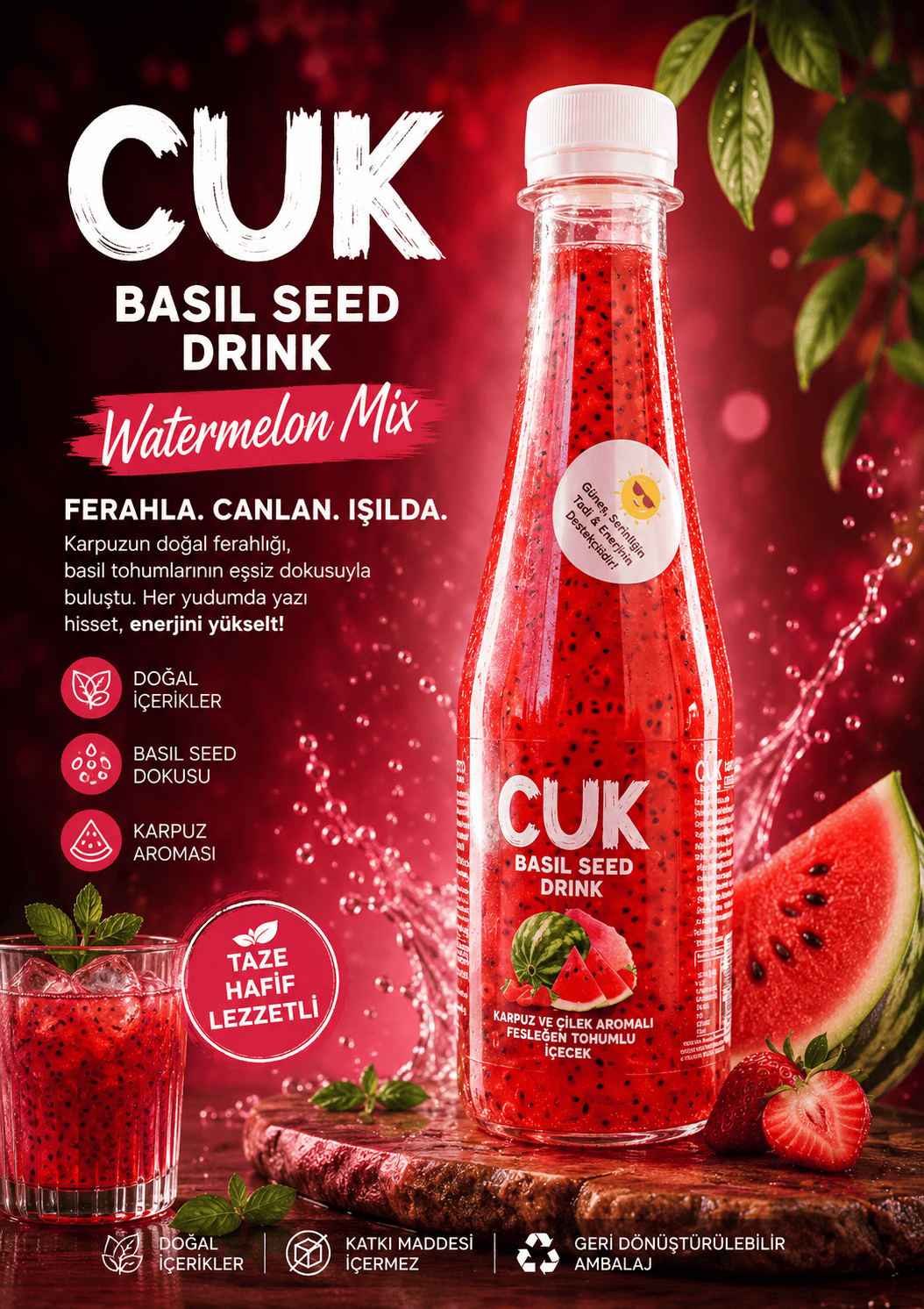 Cuk Basil Seed Drink Karpuz, Çilek, Fesleğen Tohumu